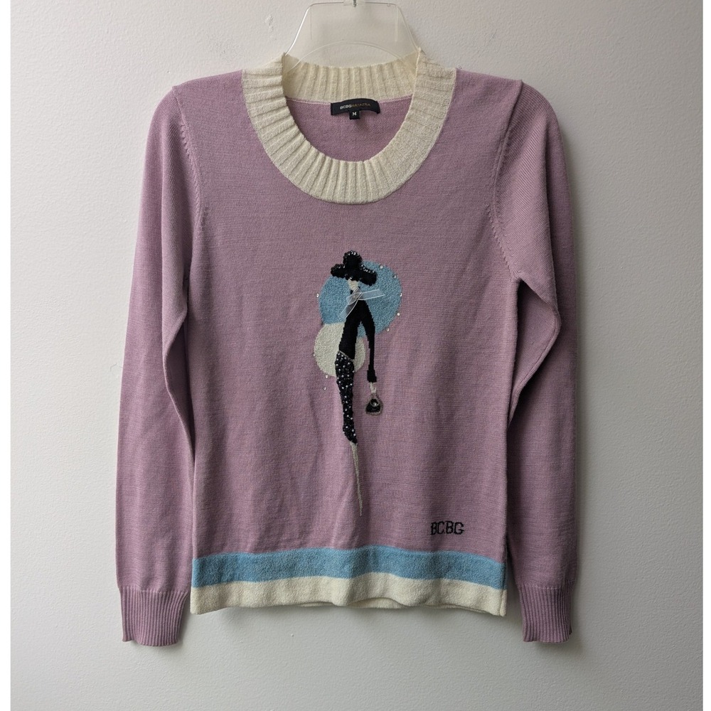 Vtg Y2K BCBG Max Azria Sweater Lavender Graphic Embellished Wool Blend Sz Med